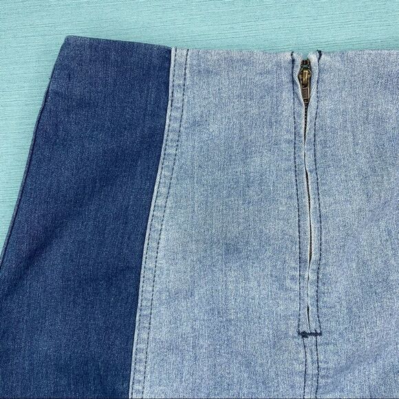 FREE PEOPLE Modern Femme Skirt Colorblock Mini Denim Jean Two Tone Block Size 4 - Picture 9 of 11